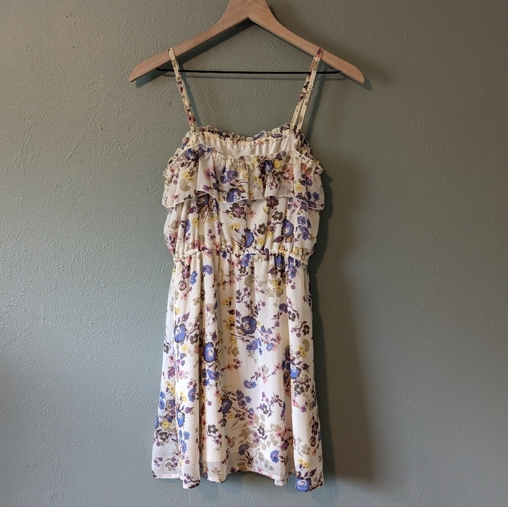 Floral Fairy Coquette Cottage Core Cream Crape Mini Babydoll Dress Size M - Picture 5 of 6